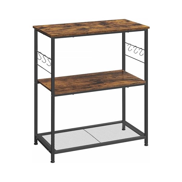 Baker's Rack, Microwave Stand met metalen frame, 3 open planken, 6 haken, 80 x 40 x 90 cm, industrieel, rustiek bruin en zwart
