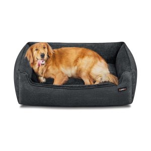 Hondenbed, hondenkussen in linnenlook, hondenmand, verhoogde randen, antislip onderkant, afneembare overtrek, wasbaar, XL, voor grote honden, 110 x 75 x 27 cm, donkergrijs