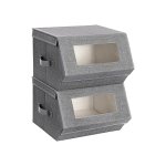 Set van 2 stapelbare opslagbakken met transparante ramen, magnetisch deksel en zijhandgrepen, voor speelgoed, kleding, grijs en beige