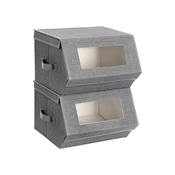 Set van 2 stapelbare opslagbakken met transparante ramen, magnetisch deksel en zijhandgrepen, voor speelgoed, kleding, grijs en beige