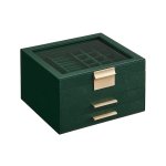 Sieradendoos, 3 -laags sieradendoos, sieradendoos met glazen deksel, 2 laden, sieradenopslag, veel opbergruimte, modern, cadeau voor uw geliefden, Forest Green Gold