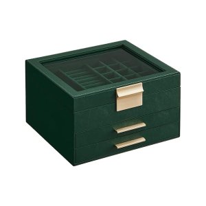 Sieradendoos, 3 -laags sieradendoos, sieradendoos met glazen deksel, 2 laden, sieradenopslag, veel opbergruimte, modern, cadeau voor uw geliefden, Forest Green Gold
