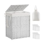 Wasmand met deksel, 90l wasmand 2 compartimenten, verwijderbare voeringen met handgrepen, handgeweven synthetisch rattan, voor slaapkamer, badkamer, wasruimte, 33 x 46 x 60 cm, witte