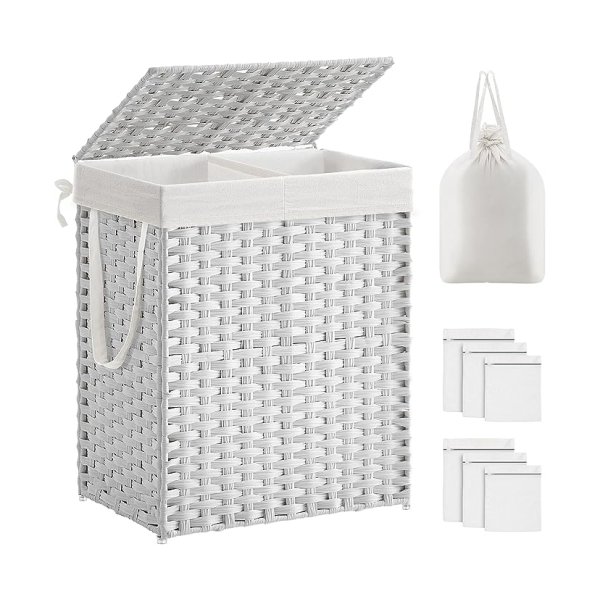 Wasmand met deksel, 90l wasmand 2 compartimenten, verwijderbare voeringen met handgrepen, handgeweven synthetisch rattan, voor slaapkamer, badkamer, wasruimte, 33 x 46 x 60 cm, witte