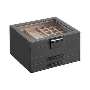 Sieradendoos, 3-laags sieradendoos, sieradendoos met glazen deksel, 2 laden, sieradenopslag, veel opbergruimte, modern, cadeau voor uw geliefden, interstellaire grey-silver