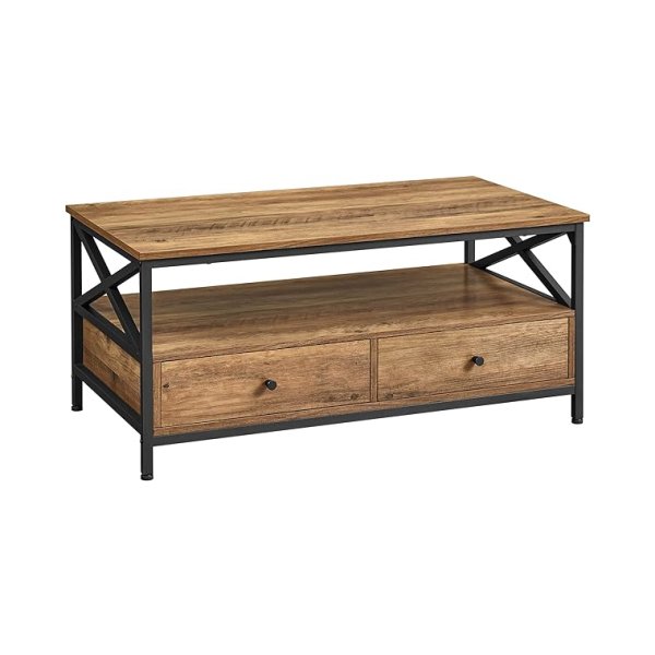 salontafel, woonkamer tafel, met 2 laden en open opbergplank, X-vormig stalen frame, 100 x 55 x 45 cm, industriële stijl, rustieke walnoot en zwarte