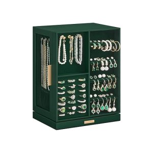 Sieradendoos 360 ° roteerbaar, sieradendoos 5 laden, zijglazen ramen, ruime, verticale sieradenopslag, open ontwerp, cadeau -idee, bosgroen
