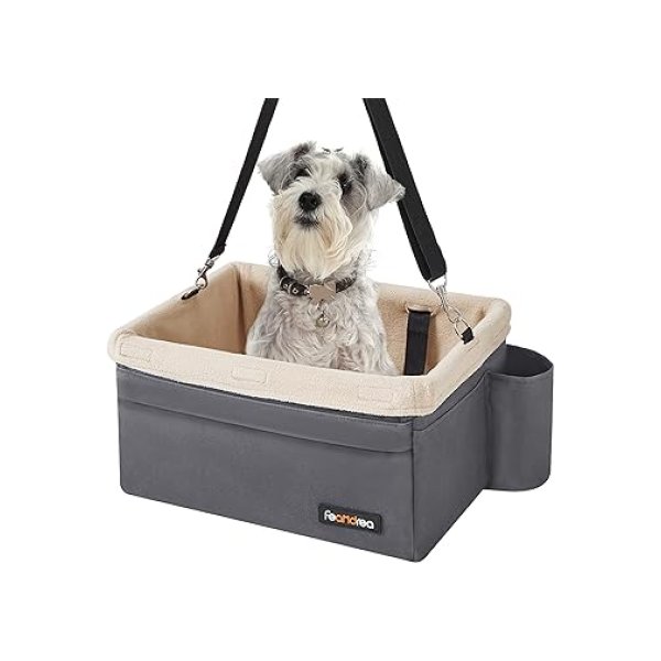 Hondenstoelzitje, booster stoel voor kleine honden tot 18 pond, met verstelbare riemen, afneembare wasbare fleece voering, 4 zakken, voor voorstoelen, achterstoelen, grijs en beige