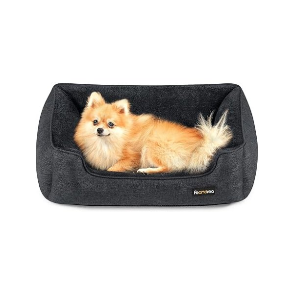 Hondenbed, hondenkussen in linnenlook, hondenmand, verhoogde randen, antislip onderkant, afneembare overtrek, wasbaar, M, voor kleine honden, 70 x 55 x 21 cm, donkergrijs