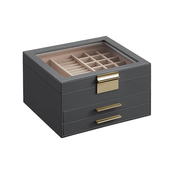Sieradendoos, sieradendoos 3 niveaus, sieradendoos met glazen deksel, 2 laden, sieradenopslag, opslag, modern, cadeau-idee, 8 x 9 x 5,3 inch, interstellair grey-gold