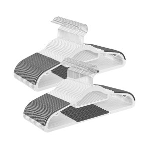 Jashangers, pakket van 50, zware plastic hangers met niet-slip ontwerp, ruimtebesparende kledinghangers, 0,6 cm dikte, 360 ° zwenkhaak, 42 cm lang, wit en donkergrijze
