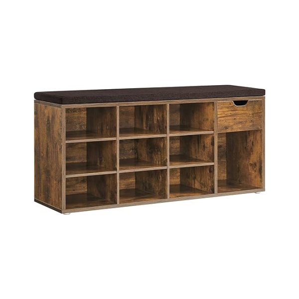 Schoenbank, schoenrek met lade en open compartimenten, bank, gestoffeerde stoel, gang, slaapkamer en ingang, 30 x 104 x 48 cm, vintage bruin-bruine