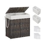 Wasmand met deksel, 110l wasmand 2 compartimenten, verwijderbare voeringen met handgrepen, handgeweven synthetisch rotan, voor slaapkamer, badkamer, wasruimte, 33 x 57 x 60 cm, bruine