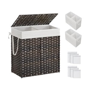 Wasmand met deksel, 110l wasmand 2 compartimenten, verwijderbare voeringen met handgrepen, handgeweven synthetisch rotan, voor slaapkamer, badkamer, wasruimte, 33 x 57 x 60 cm, bruine