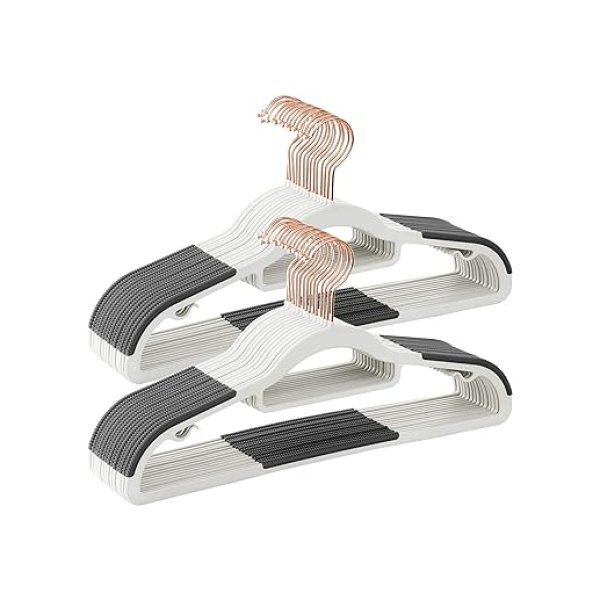 Set van 30 kledinghangers, niet-slip plastic hangers, ruimtebesparende jashangers, 0,5 cm dik, 42 cm lang, 360 ° zwenkhaak in roségoud, wit en donkergrijze