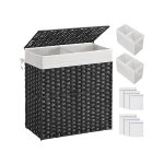 Wasmand met deksel, 110l wasmand 2 compartimenten, verwijderbare voeringen met handgrepen, handgeweven synthetisch rattan, voor slaapkamer, badkamer, wasruimte, 33 x 57 x 60 cm, zwarte
