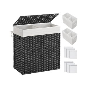 Wasmand met deksel, 110l wasmand 2 compartimenten, verwijderbare voeringen met handgrepen, handgeweven synthetisch rattan, voor slaapkamer, badkamer, wasruimte, 33 x 57 x 60 cm, zwarte