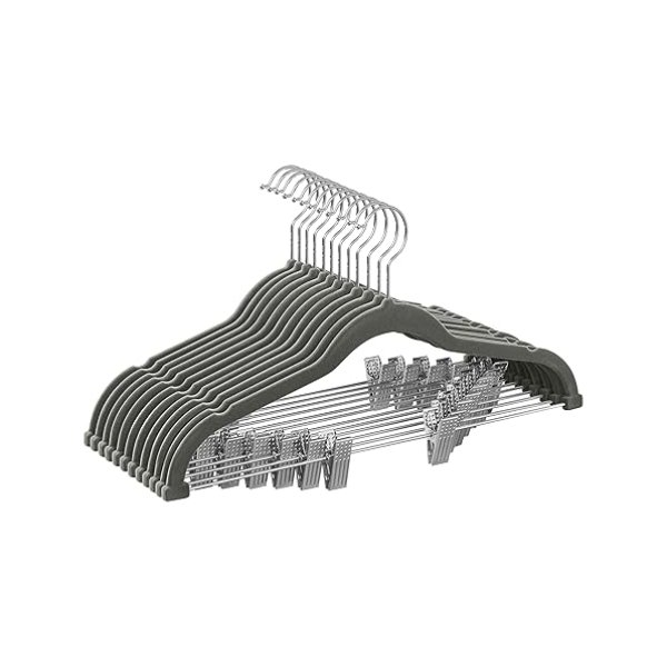 Broekhangers, fluweel, met brug en clips, pak hanger, dun, antislip, ruimtebesparend, 360 ° draaibare haak, voor kostuums, overhemden, jassen, mantels, 42,5 cm, grijs