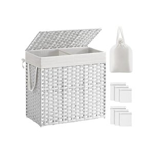 Wasmand met deksel, 130L wasmand 2 compartimenten, verwijderbare voeringen met handgrepen, handgeweven synthetisch rotan, voor slaapkamer, badkamer, wasruimte, 33 x 66 x 60 cm, witte