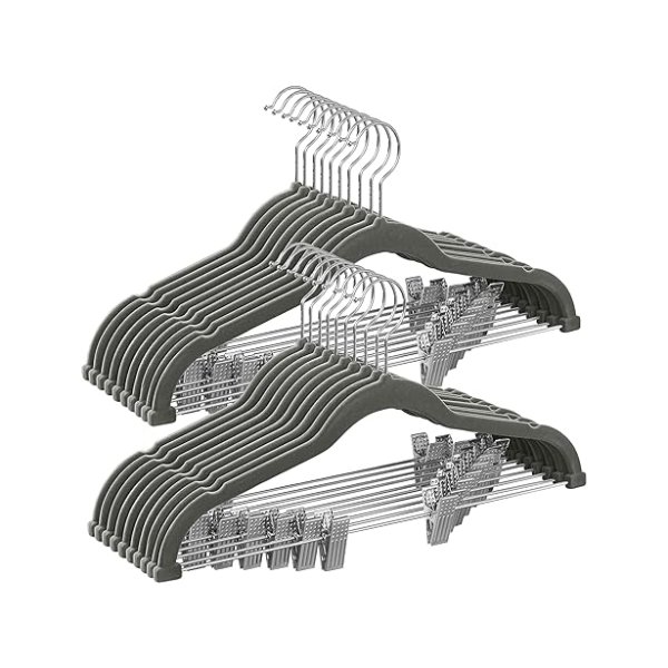 Trouser hangers, set van 20 fluwelen hangers met verstelbare clips, 42,5 cm lang, niet-slip, ruimtebesparende, voor rokken, jassen, jurken, grijze
