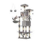 Krabpaal groot, 206 cm hoog, XXL kattenboom, met 13 krabzuilen, 2 platforms, 2 holtes, mand, hangmat, pluche ballen, meerlaagse kattenkrabpaal, lichtgrijs