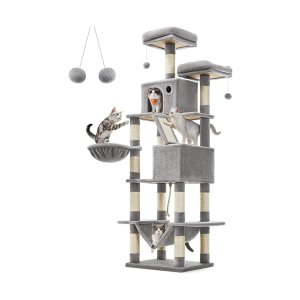 Krabpaal groot, 206 cm hoog, XXL kattenboom, met 13 krabzuilen, 2 platforms, 2 holtes, mand, hangmat, pluche ballen, meerlaagse kattenkrabpaal, lichtgrijs