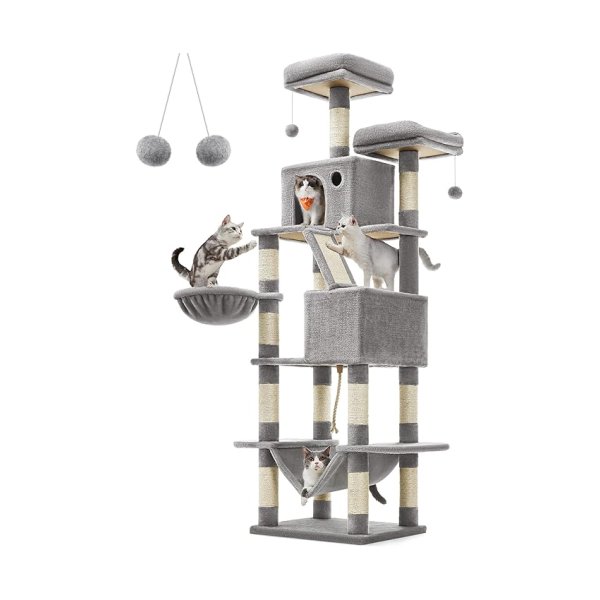 Krabpaal groot, 206 cm hoog, XXL kattenboom, met 13 krabzuilen, 2 platforms, 2 holtes, mand, hangmat, pluche ballen, meerlaagse kattenkrabpaal, lichtgrijs
