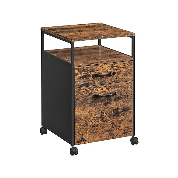 Bestandskast, mobiele archiveringskast met wielen, 2 laden, open plank, voor A4, lettergrootte, hangende bestandsmappen, rustiek bruin en zwarte UOFC71X, 17.3 "D x 16,5" W x 26.2 "H H