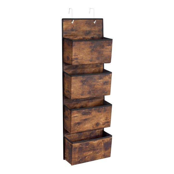 Hangende organisator met 4 compartimenten, garderobe organisator, hangende deuropslag hangende plank, hangplank, voor slaapkamer, kantoor, kinderkamer, 33,5 x 12 x 100 cm, vintage bruine rdh004x01