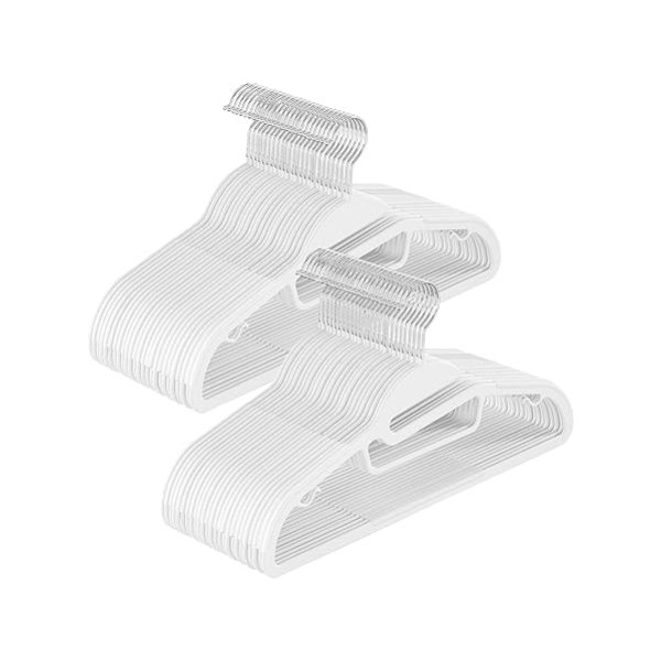 Pack van 50 plastic kledinghangers met u-vorm openen niet-slipruimte bespaard 0,6 cm dik, 41,5 cm lang, 360 ° roterende haak, wit, wit