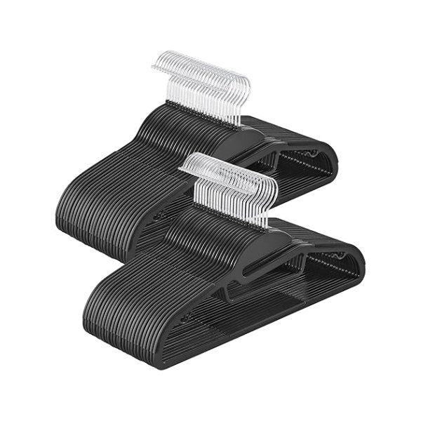 Set van 50 plastic kledinghangers met U-vormige opening Niet-slipruimte bespaard 0,5 cm dik, 41,5 cm lang, 360 ° roteerbare haak, zwart