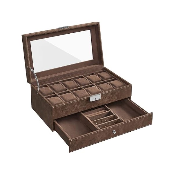 Watch-box, horlogekas met glazen deksel, 2-laags horlogedisplay case voor 12 horloges, afsluitbaar, 1 lade, voor ringen, armbanden, cadeau-idee, bruin synthetisch leer, bruine voering JWB012K01