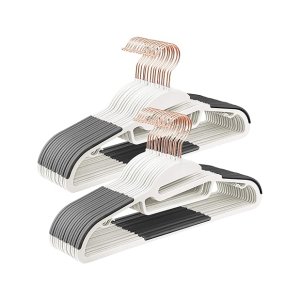 30 pack kledinghangers, plastic pakhangers, zware, S-vormige opening, niet-slip, ruimtebesparend, 0,5 cm dik, 360 ° roségouden zwenkhaak, 41,5 cm breed, wit en grijs