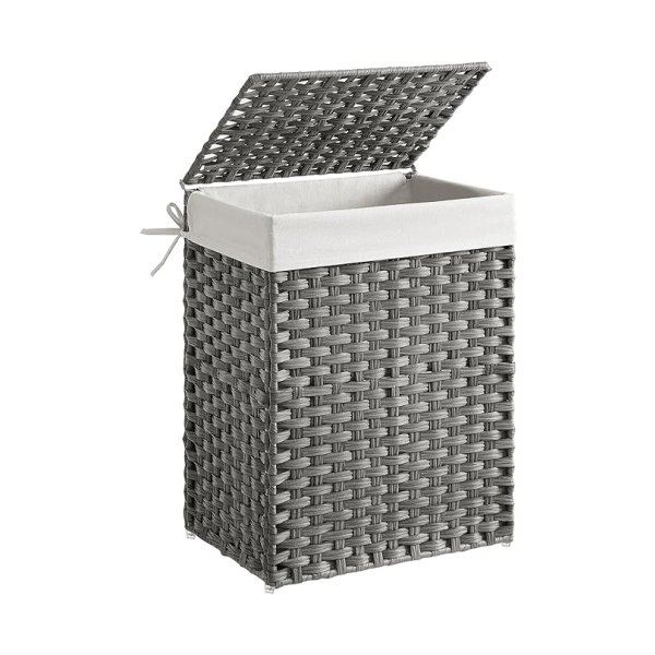 Handweven wasmand, 90L synthetische rotan kledingmand met deksel en handgrepen, opvouwbare, verwijderbare voeringtas, grijze LCB51WG
