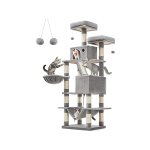 Krabpaal groot, 168 cm hoog, L kattenboom, met 13 krabzuilen, 2 platforms, 2 holletjes, mand, hangmat, pluche ballen, meerlaagse kattenkrabpaal, lichtgrijs PCT165W01