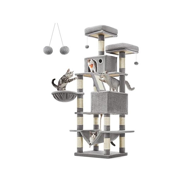 Krabpaal groot, 168 cm hoog, L kattenboom, met 13 krabzuilen, 2 platforms, 2 holletjes, mand, hangmat, pluche ballen, meerlaagse kattenkrabpaal, lichtgrijs PCT165W01