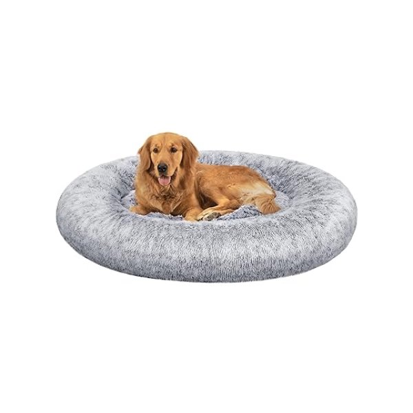 hondenbed fluffy, kattenbed, donutkussen, wasbaar, vulling uitneembaar in het midden, lang pluche, 120 cm diameter, lichtgrijs
