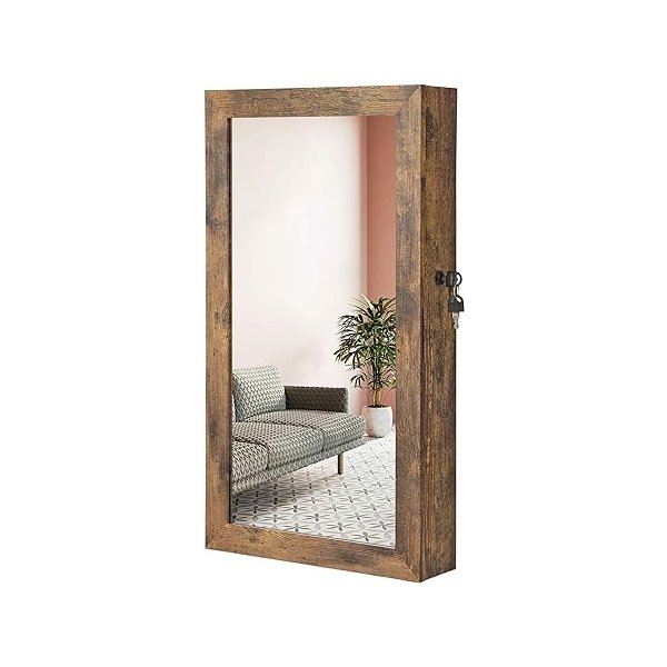 Afsluitbare sieradenkast Armoire met spiegel, muur gemonteerde ruimtebesparende sieradenopslagorganisator, kerstcadeaus, rustiek bruin