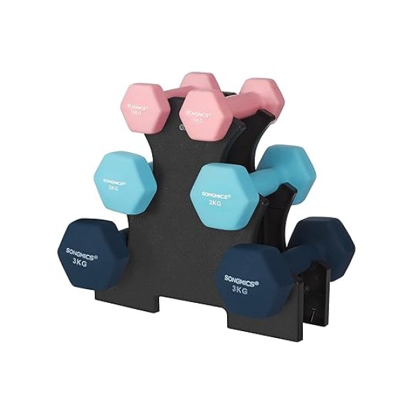 Hex Dumbbells ingesteld met standaard - 2 x 1 kg, 2 x 2 kg, 2 x 3 kg, neopreen matte afwerking, handgewichten voor huisoefening