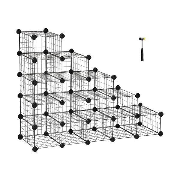 DIY-schoenrek, 15 kubus metalen draadopslagsystemen, modulaire inzetstuk, in elkaar grijpende schoenorganisatie, inclusief rubberen hamer en anti-tipper, zwarte LPI44HS