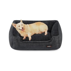 Hondenbed, hondenkussen in linnenlook, hondenmand, verhoogde randen, antislip onderkant, afneembare overtrek, wasbaar, L, voor middelgrote honden, 90 x 75 x 25 cm, donkergrijs