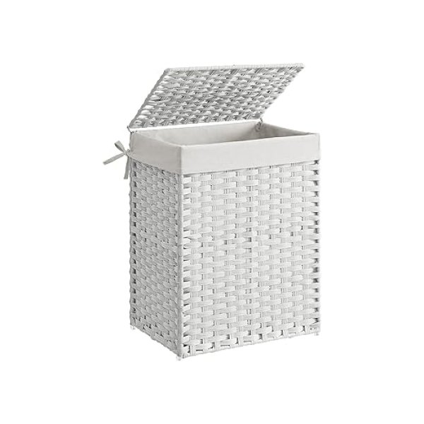 Handgeweven wasmand, 90L synthetische rotan kledingmand met deksel en handgrepen, opvouwbare, verwijderbare voeringtas, witte