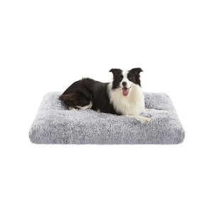 Groot hondenbed, donzige anti-angsthondenkratmatrat, kalmerende huisdierbedden, wasbaar hondenkussenkussen, pluche hondenmat met antislip bodem, 110 x 73 cm, lichtgrijs