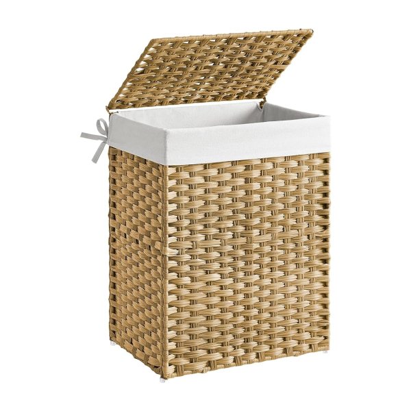 Wasmand, 90L synthetische rattan opslagmand met deksel en handgrepen, rieten, opvouwbaar, verwijderbare voeringen, natuurlijke kleur