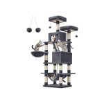 Krabpaal groot, 168 cm hoog, L kattenboom, met 13 krabzuilen, 2 platforms, 2 holletjes, mand, hangmat, pluche ballen, meerlaagse kattenkrabpaal, rookgrijs