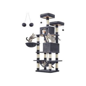 Krabpaal groot, 168 cm hoog, L kattenboom, met 13 krabzuilen, 2 platforms, 2 holletjes, mand, hangmat, pluche ballen, meerlaagse kattenkrabpaal, rookgrijs