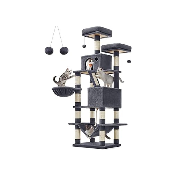 Krabpaal groot, 168 cm hoog, L kattenboom, met 13 krabzuilen, 2 platforms, 2 holletjes, mand, hangmat, pluche ballen, meerlaagse kattenkrabpaal, rookgrijs