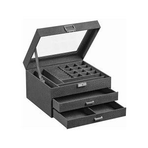 Sieradendoos, Juwelendoos, juwelendoos met 3 niveaus, juwelendoos, fluweel, met glazen deksel, verschillende compartimenten voor halskettingen, armbanden, ringen, met slot en sleutel, grijs