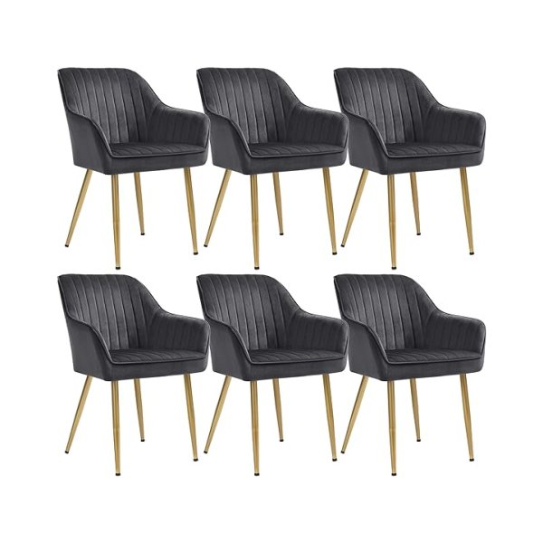 Eetkamerstoelen, set van 6 fauteuils, lounge stoelen met armleuning, fluweelbedekking, stoelbreedte 49 cm, laadcapaciteit 110 kg, metalen benen voor eetkamer, keuken, grey-gold