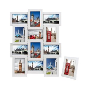 Fotoframe collage voor 12 foto's, elk 10 x 15 cm (4 x 6), met 1 enkel fotolijst, 13 fotogalerij voor collages, gemaakt van MDF, montage vereist, Kerstmis, wit, met houtkorrel